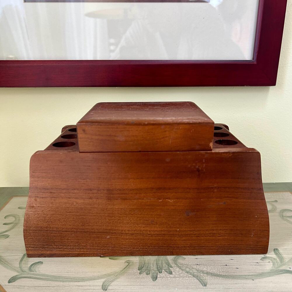 Mid Century Walnut Pipe Stand and Humidor – Vintage 60s 70s MCM Tobacciana